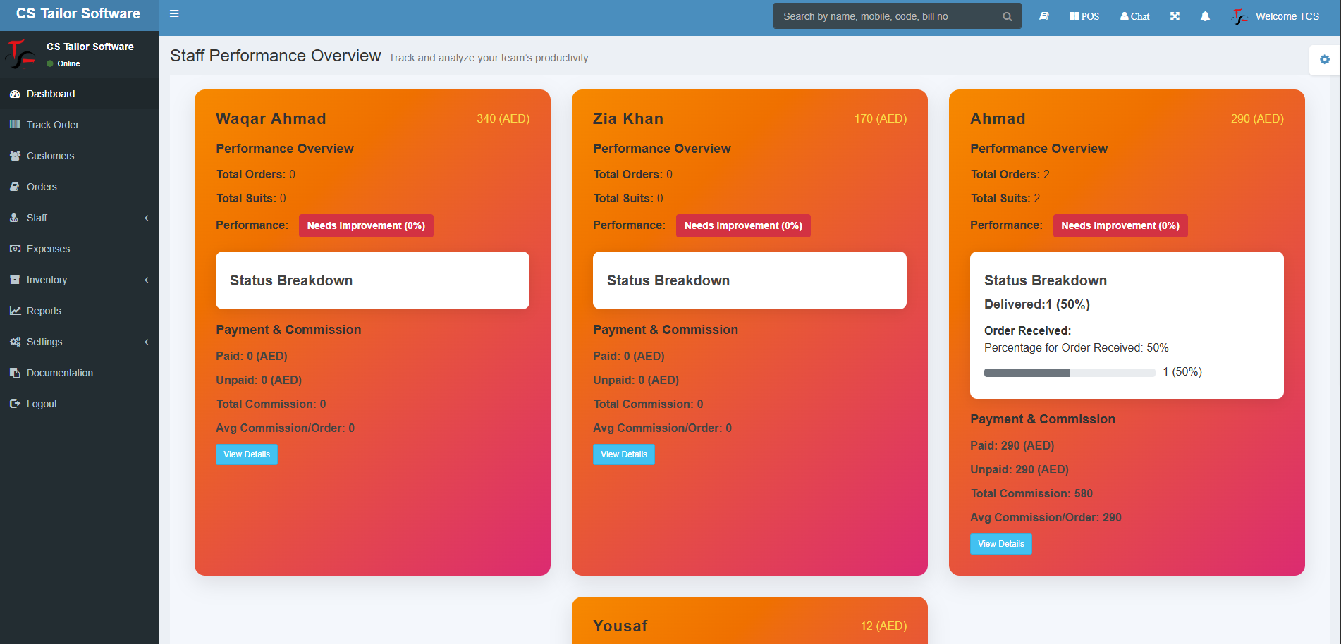 staff Performance Overview in tailor management software