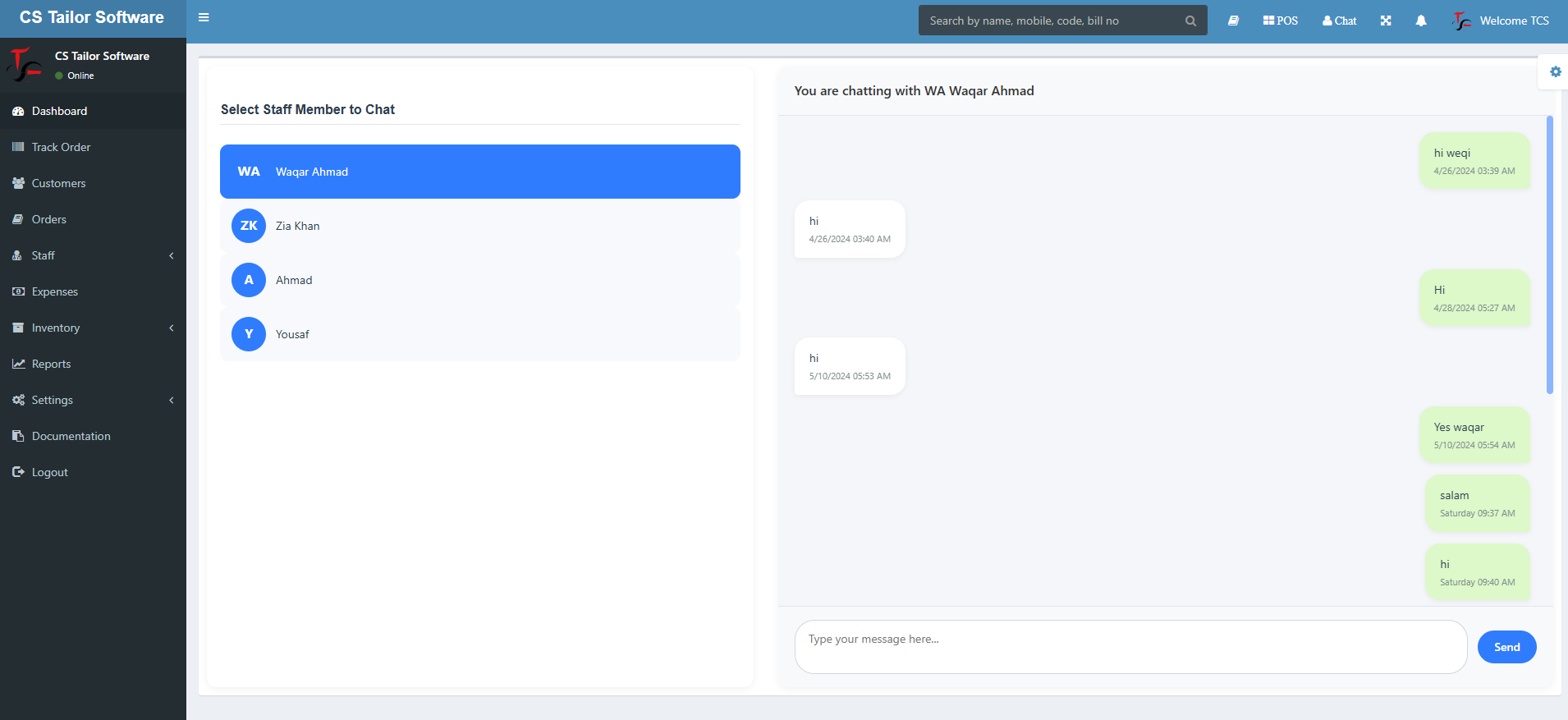 Updated chat interface in tailor management software